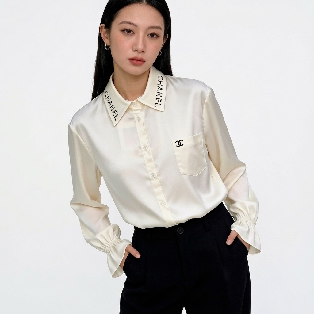 Áo sơ mi lụa trắng ngà Chanel 3