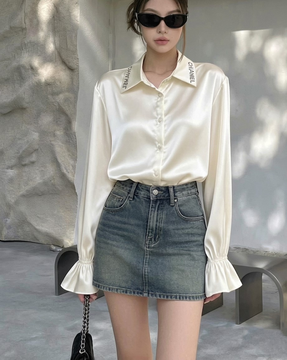 Áo sơ mi lụa trắng ngà Chanel 5