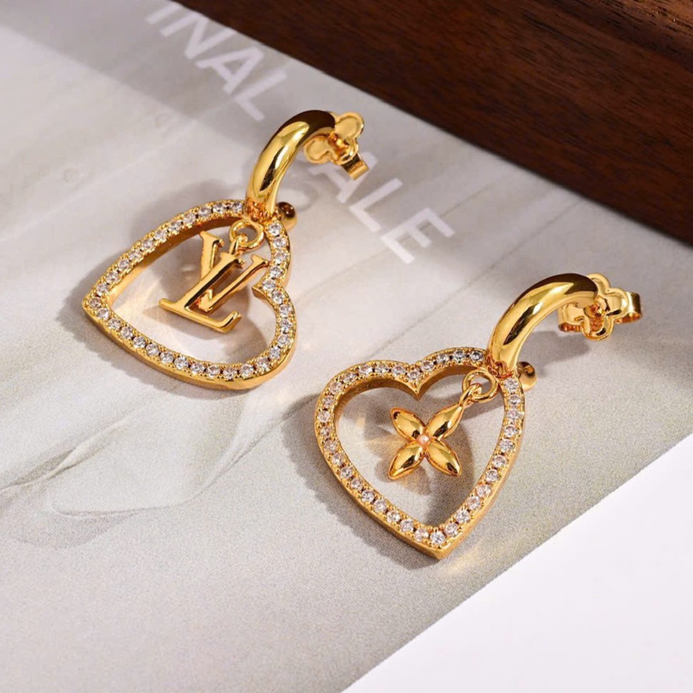 Khuyên Tai My LV Heart Gold-toned Metal and Zircons Earrings 4