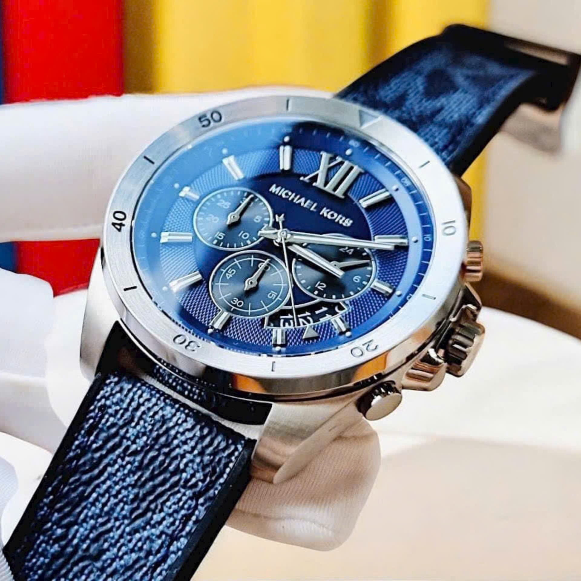 Đồng hồ Nam Michael Kors Brecken Oversized Silver Logo Chronograph Quartz Blue Dial Watch Mk8923 9