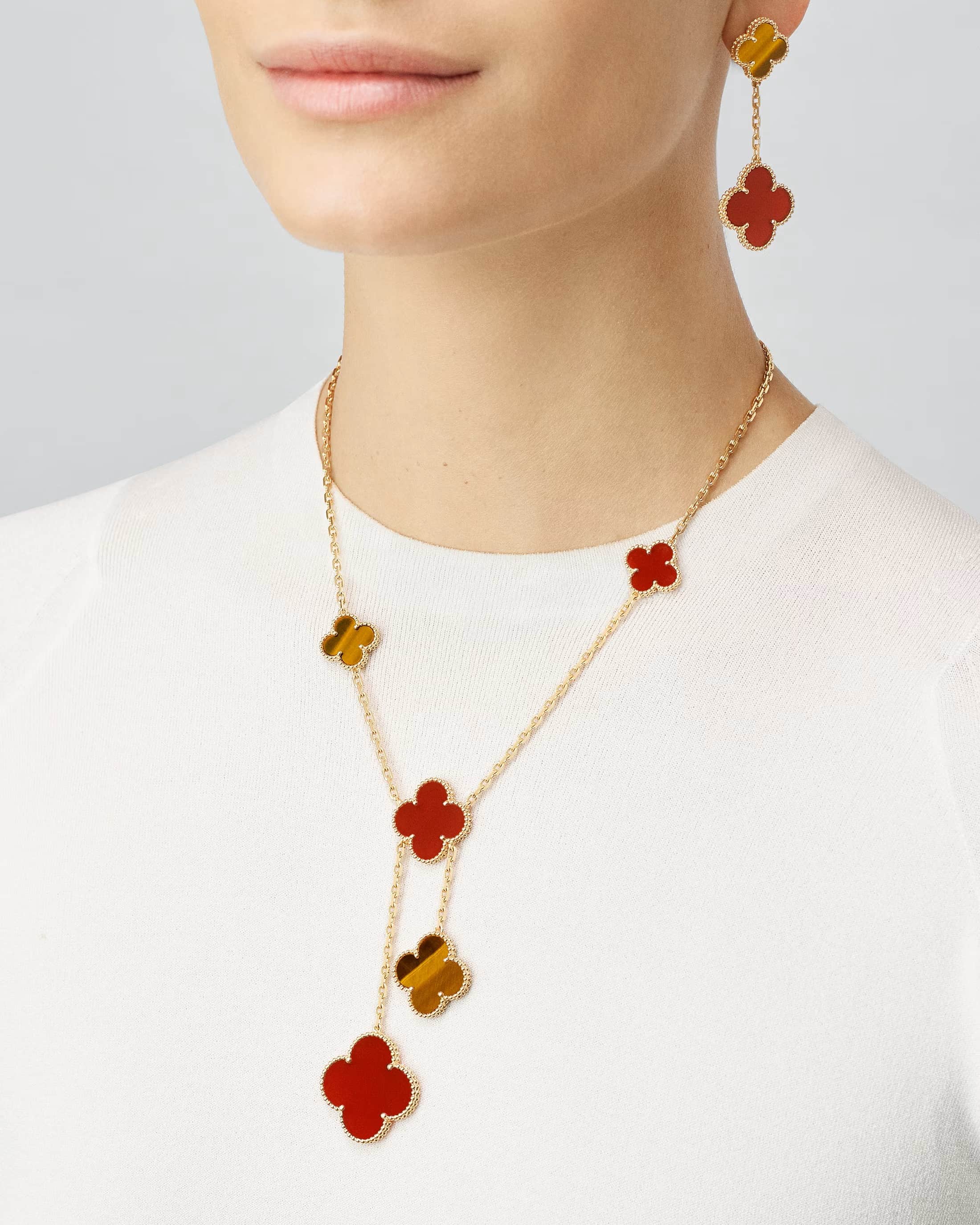 Dây Chuyền cỏ 4 lá Van Cleef Arpels Magic Alhambra Necklace 6 Motifs Yellow Gold Carnelian Tiger Eye VCARN5JP00 3