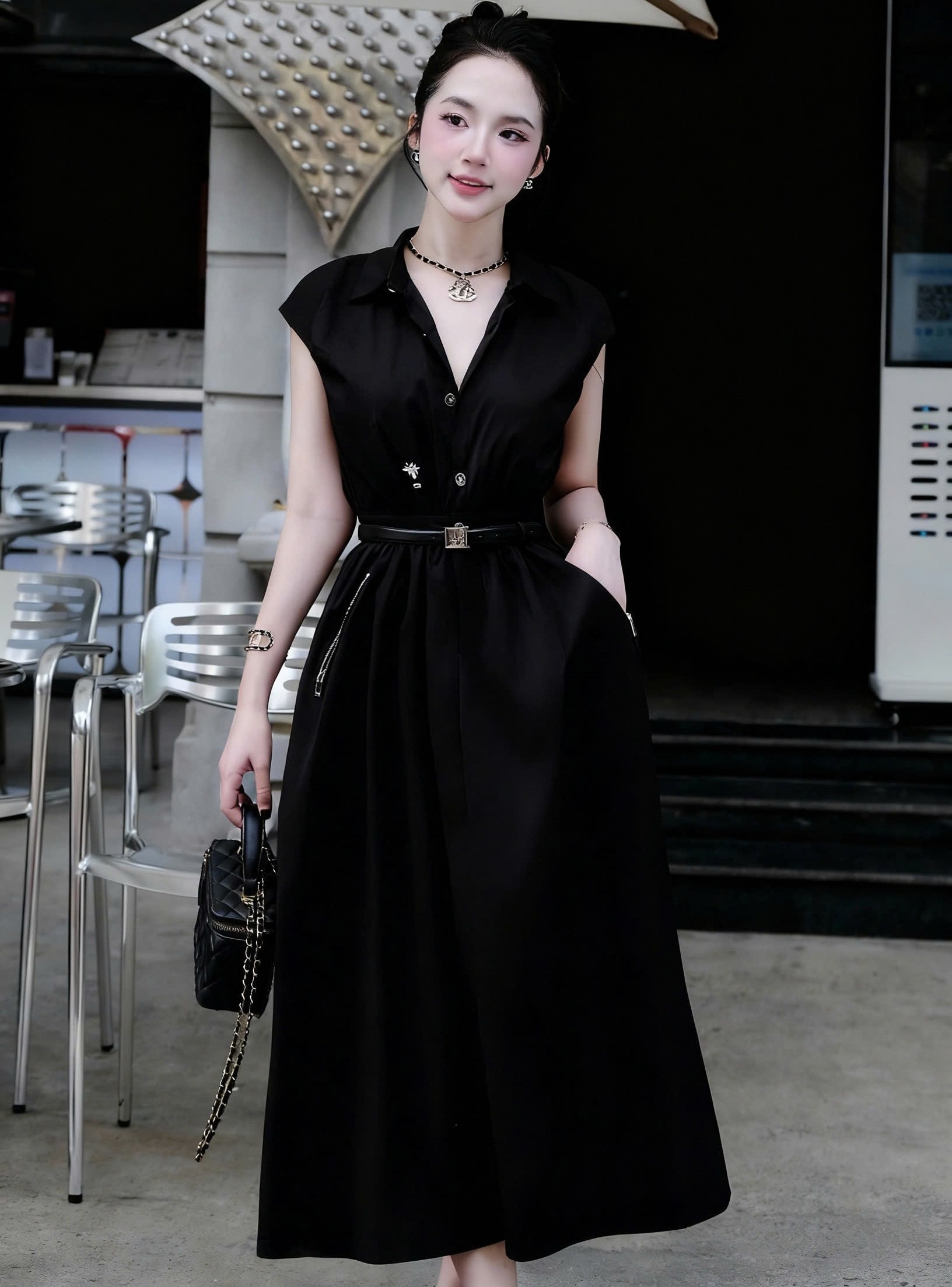 Đầm dài Dior kèm thắt lưng đen 3