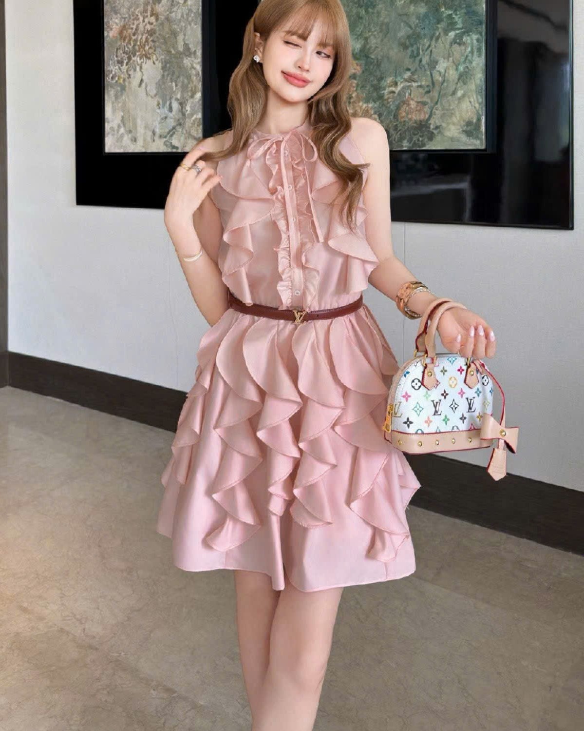 Đầm Louis Vuitton Ruffle Mini Dress Rose Poudre 1