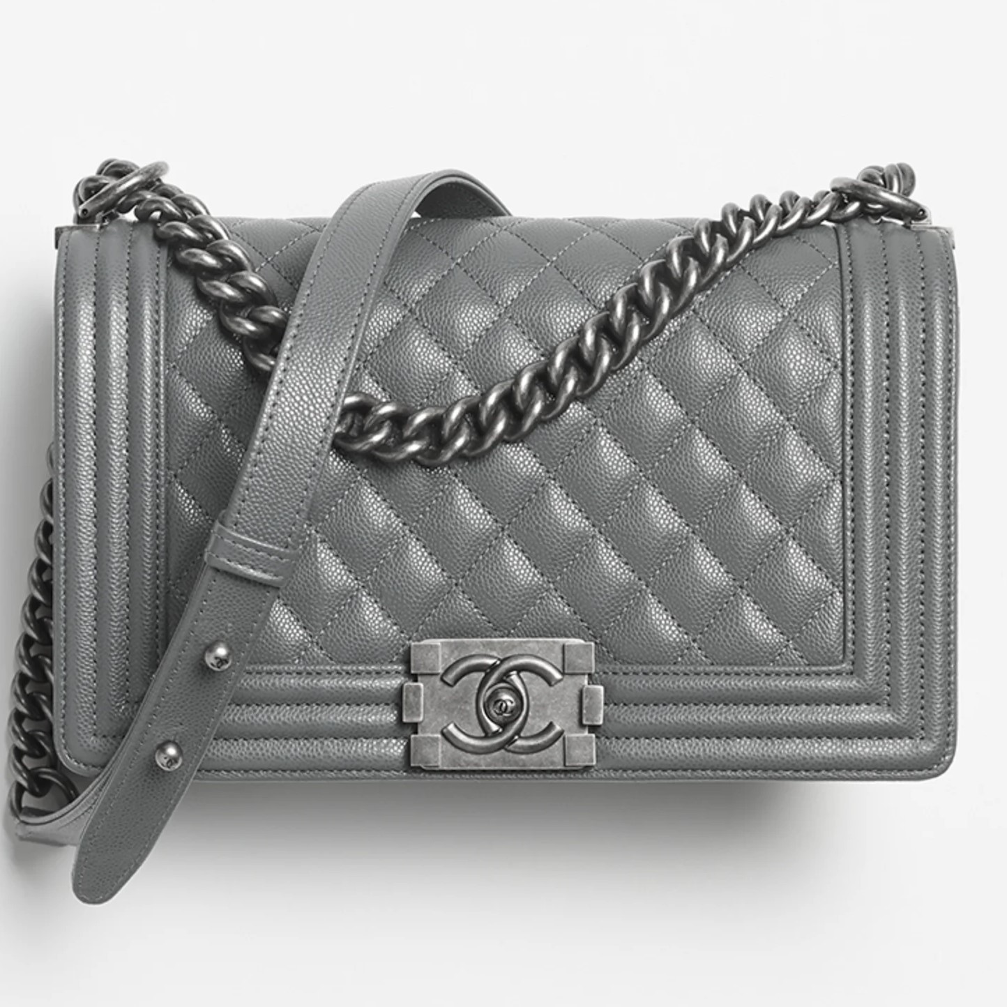 Túi Chanel Boy Shiny Grained Calfskin Ruthenium-Finish Metal Dark Gray 1