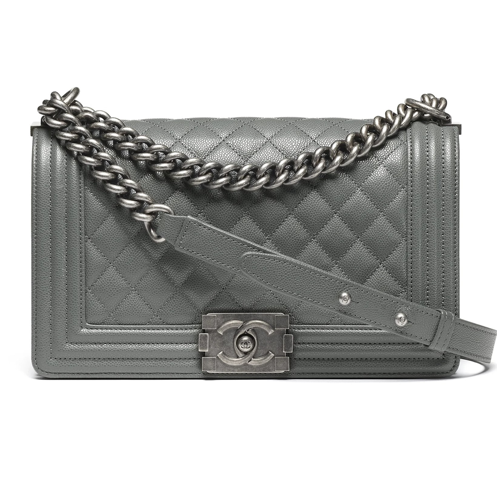 Túi Chanel Boy Shiny Grained Calfskin Ruthenium-Finish Metal Dark Gray 3