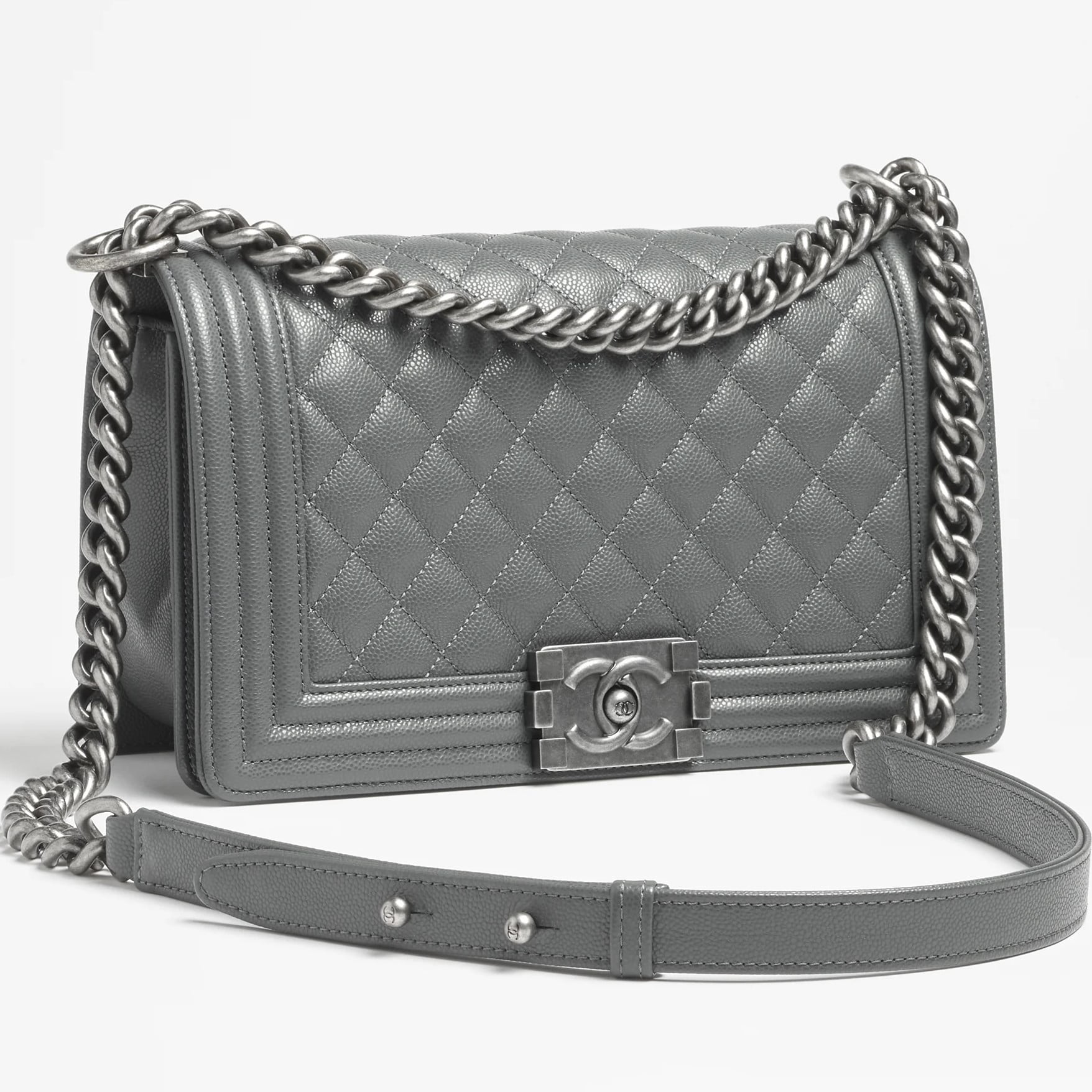 Túi Chanel Boy Shiny Grained Calfskin Ruthenium-Finish Metal Dark Gray 5