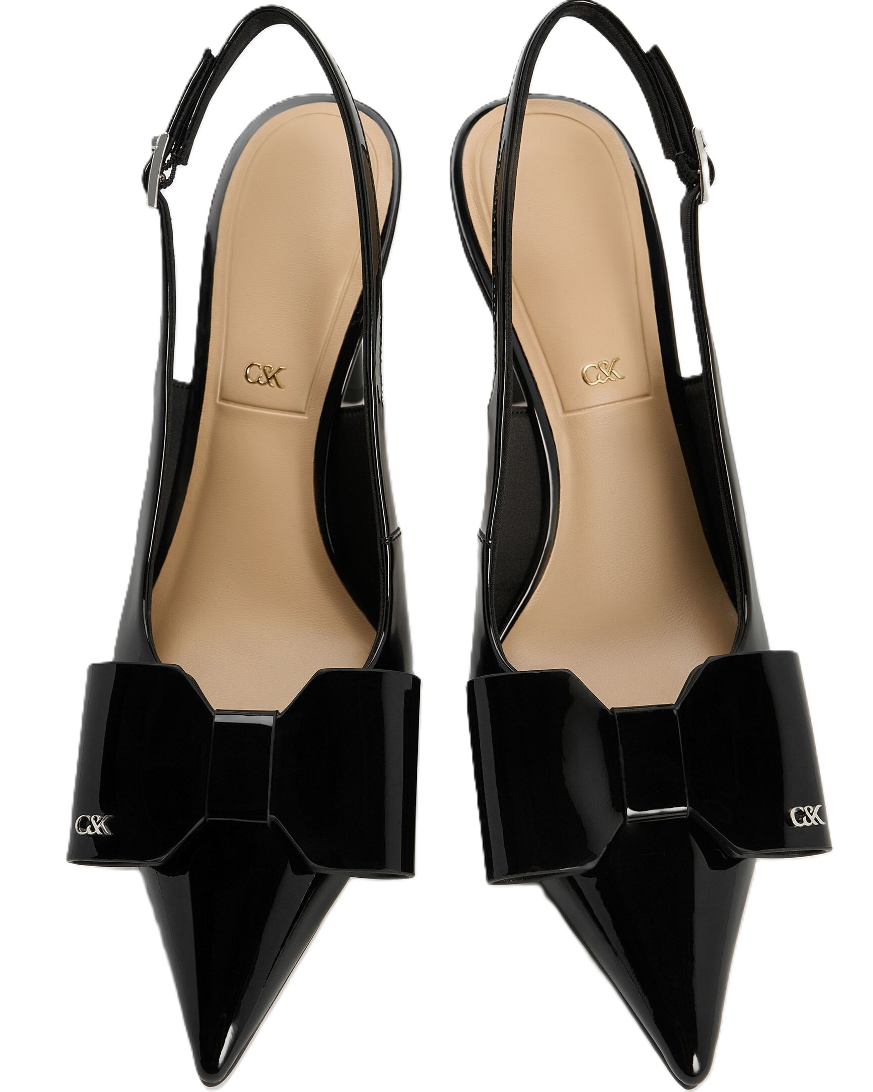 Giày CNK Charles Keith Sandals Lu Patent Leather Bow Blade-Heel Slingback Pumps Black Patent 1