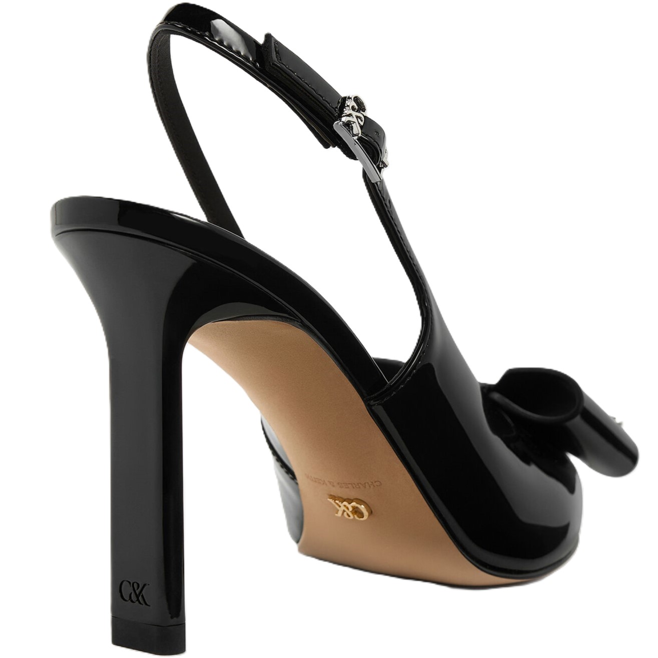 Giày CNK Charles Keith Sandals Lu Patent Leather Bow Blade-Heel Slingback Pumps Black Patent 5