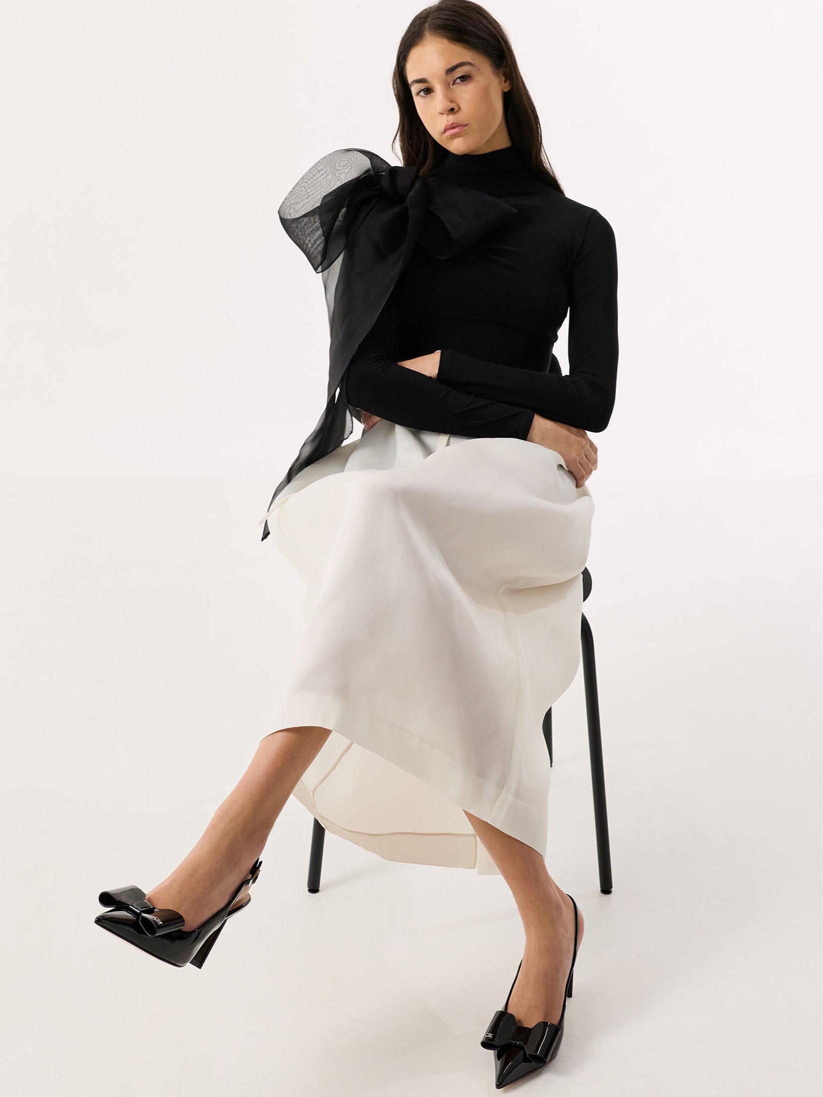 Giày CNK Charles Keith Sandals Lu Patent Leather Bow Blade-Heel Slingback Pumps Black Patent 7