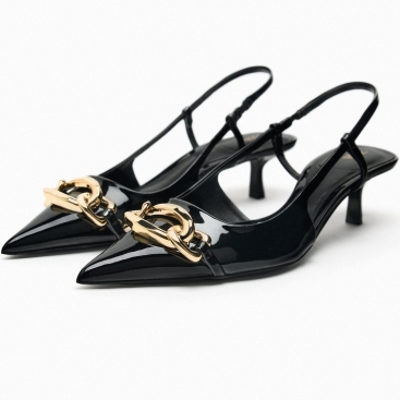 Giày Sandal Zara Black Slingback Kitten Heels With Chain