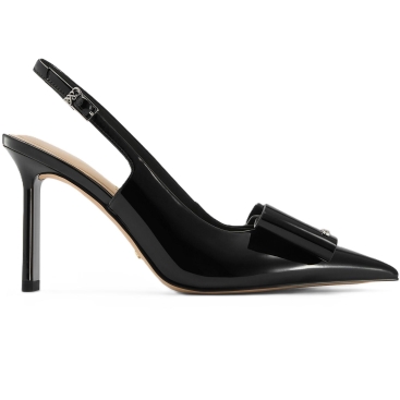Giày CNK Charles Keith Sandals Lu Patent Leather Bow Blade-Heel Slingback Pumps Black Patent