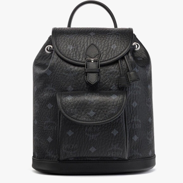 Balo MCM Black Mini Aren Drawstring Backpack in Visetos Monogram Canvas and Spanish Calf Leather
