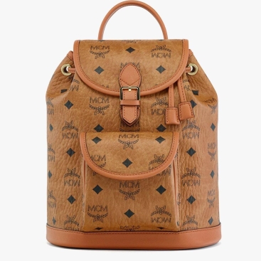 Balo MCM Cognac Mini Aren Drawstring Backpack in Visetos Monogram Canvas and Spanish Calf Leather