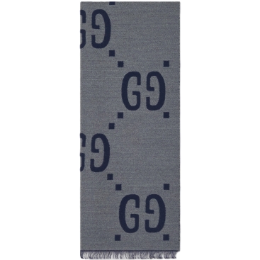 Khăn Choàng Gucci Jacquard Wool Silk Scarf Light Grey and Dark Blue GG