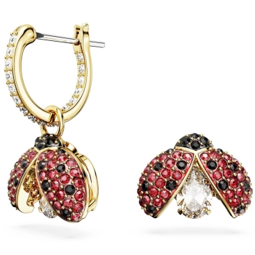 Bông tai Swarovski Bọ Cánh Cam Idyllia Drop Earrings Asymmetrical Design Red Ladybug Gold Tone Plating 5666131