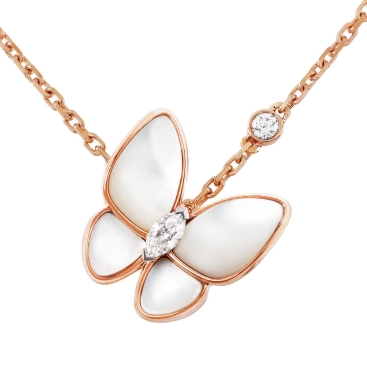 Dây Chuyền Van Cleef & Arpels Two Butterfly Pendant Rose Gold White Mother of Pearl Round Diamond Rhodium Plated VCARO8FO00