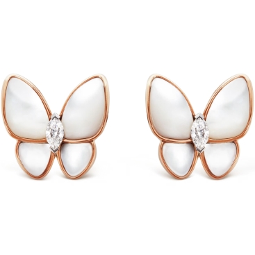 Hoa tai Van Cleef & Arpels Two Butterfly Earrings Rose Gold White Mother of Pearl Round Diamond Rhodium Plated VCARO8FN00