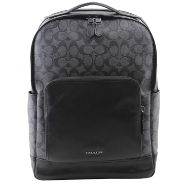 Balo Nam Coach Graham Backpack in Charcoal Black Logo Full Grain Leather Laptop Pocket