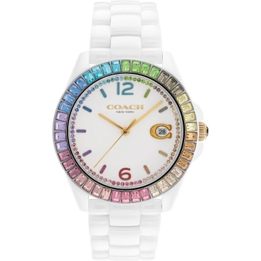 Đồng hồ nữ Coach Ladies Greyson Multi-Color Crystal Accent Rainbow Bezel White Ceramic Watch 14504019