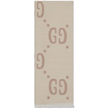 Khăn choàng Gucci GG Jacquard Wool Silk Scarf Ivory and Beige GG