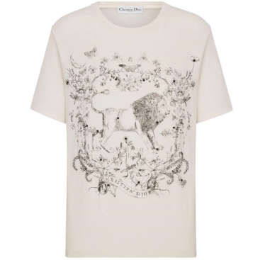 Áo Dior T-Shirt White Cotton and Linen Jersey with Black Dior Cabinet de Curiosités Motif