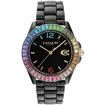 Đồng hồ nữ Coach Ladies Greyson Multi-Color Crystal Accent Rainbow Bezel Black Ceramic Bracelet Watch CG982