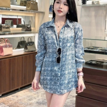 Set bộ nữ Chanel áo sơ mi quần ngắn xanh dương
