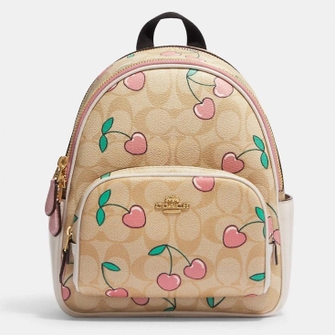 Balo Nữ Mini Court Backpack In Signature Canvas With Heart Cherry Print CF424