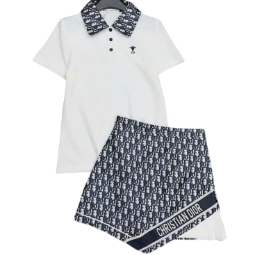 Set áo thun cổ polo váy vải ngắn Dior