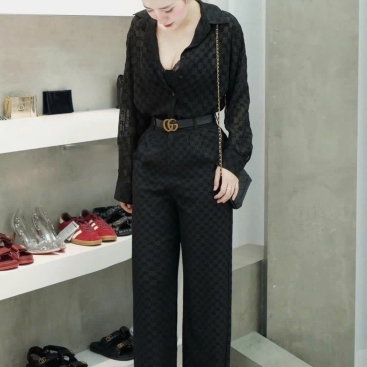 Set áo sơ mi quần suông rộng đen nữ Gucci