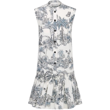 Đầm Dior Straight Dress With Ruffles Dioriviera White and blue Toile de Jouy Palms Cotton and Silk Poplin