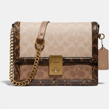 Túi đeo vai nữ Coach Hutton Shoulder Bag In Blocked Signature Canvas With Snakeskin Detail