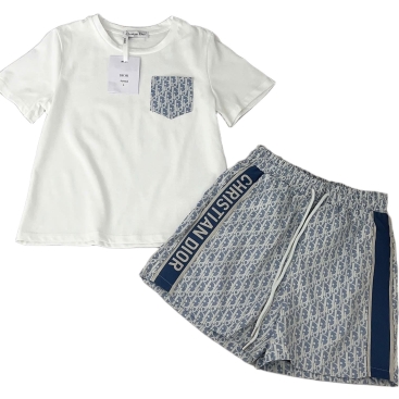 Set áo thun quần short trắng phối xanh dương Dior