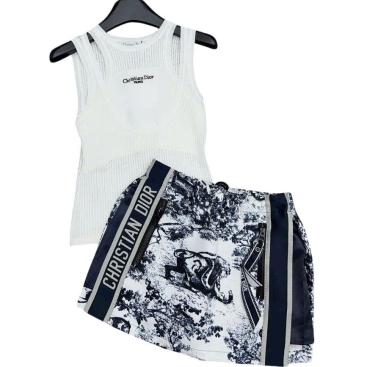 Set áo thun ba lỗ nữ váy ngắn họa tiết Dior