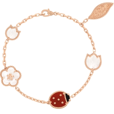 Vòng tay bọ rùa Van Cleef & Arpels Lucky Spring Bracelet 5 Motifs White Mother Of Pearl Carnelian VCARP7RR00