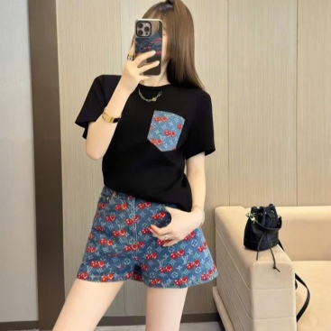 Set full bộ áo thun quần short và quần dài LV họa tiết cherry