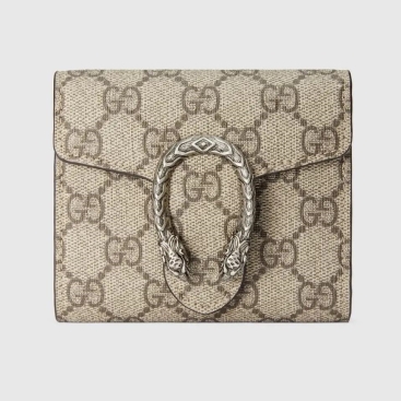 Ví Gucci đầu rồng Dionysus Beige Ebony GG Supreme Canvas Card Case Wallet