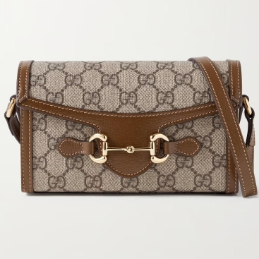 Túi xách nữ Gucci Horsebit 1955 Brown Leather Trimmed Printed Coated Canvas Shoulder Bag