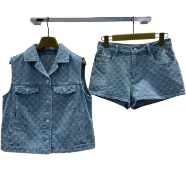 Set áo sát nách quần short jean xanh dương Gucci