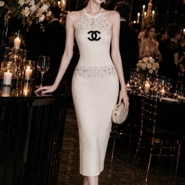Áo đầm ôm dáng dài cổ yếm Chanel
