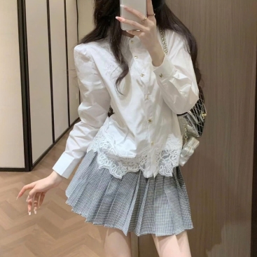 Áo sơ mi trắng phối ren tay dài Celine