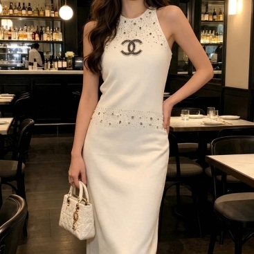 Áo đầm dáng dài cổ yếm trắng đen đính hột Chanel