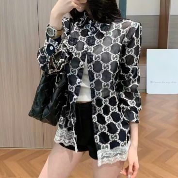 Áo sơ mi nữ tay dài đen phối trắng Gucci