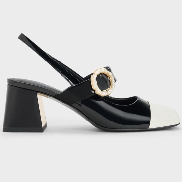 Giày CNK Charles Keith Patent Two-Tone Pearl Buckle Slingback Pumps CK1-60361474