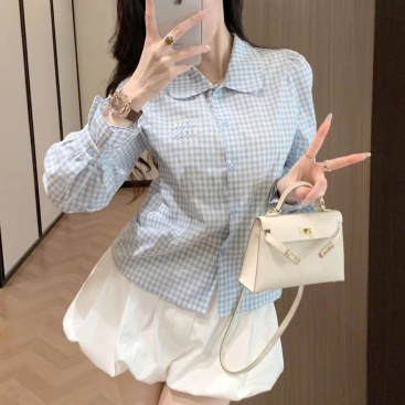Áo sơ mi vải sọc xanh dương lợt Miu Miu