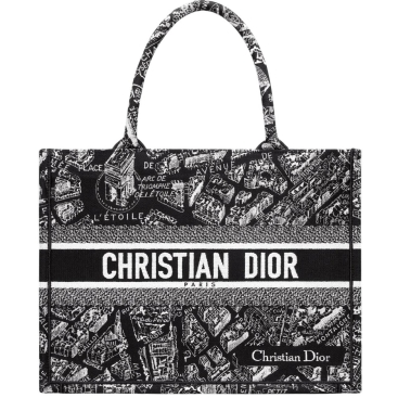 Túi Medium Dior Book Tote Black and White Plan de Paris Embroidery